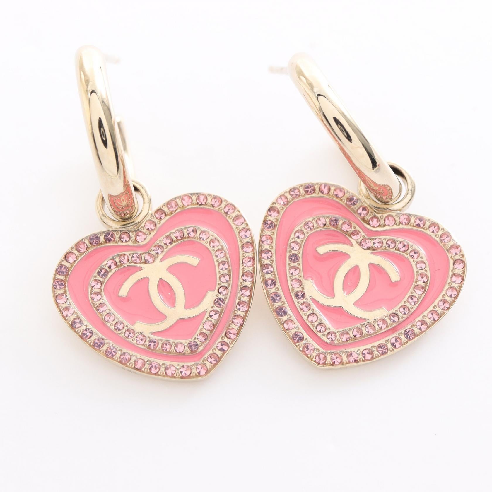 Chanel Coco Mark Heart Earrings Gold Plated Rhinestone