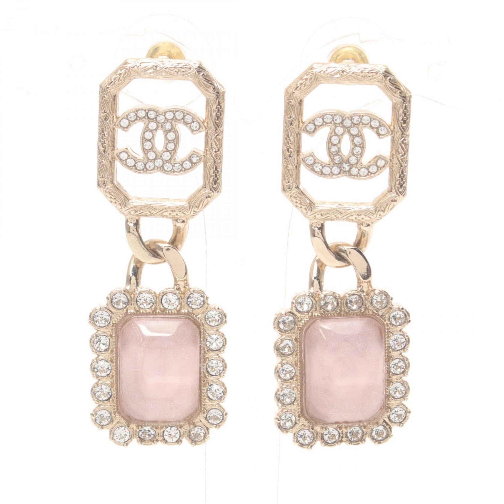 Chanel CC Pink Gemstone Drop Earrings Metal Earrings in Great Condition