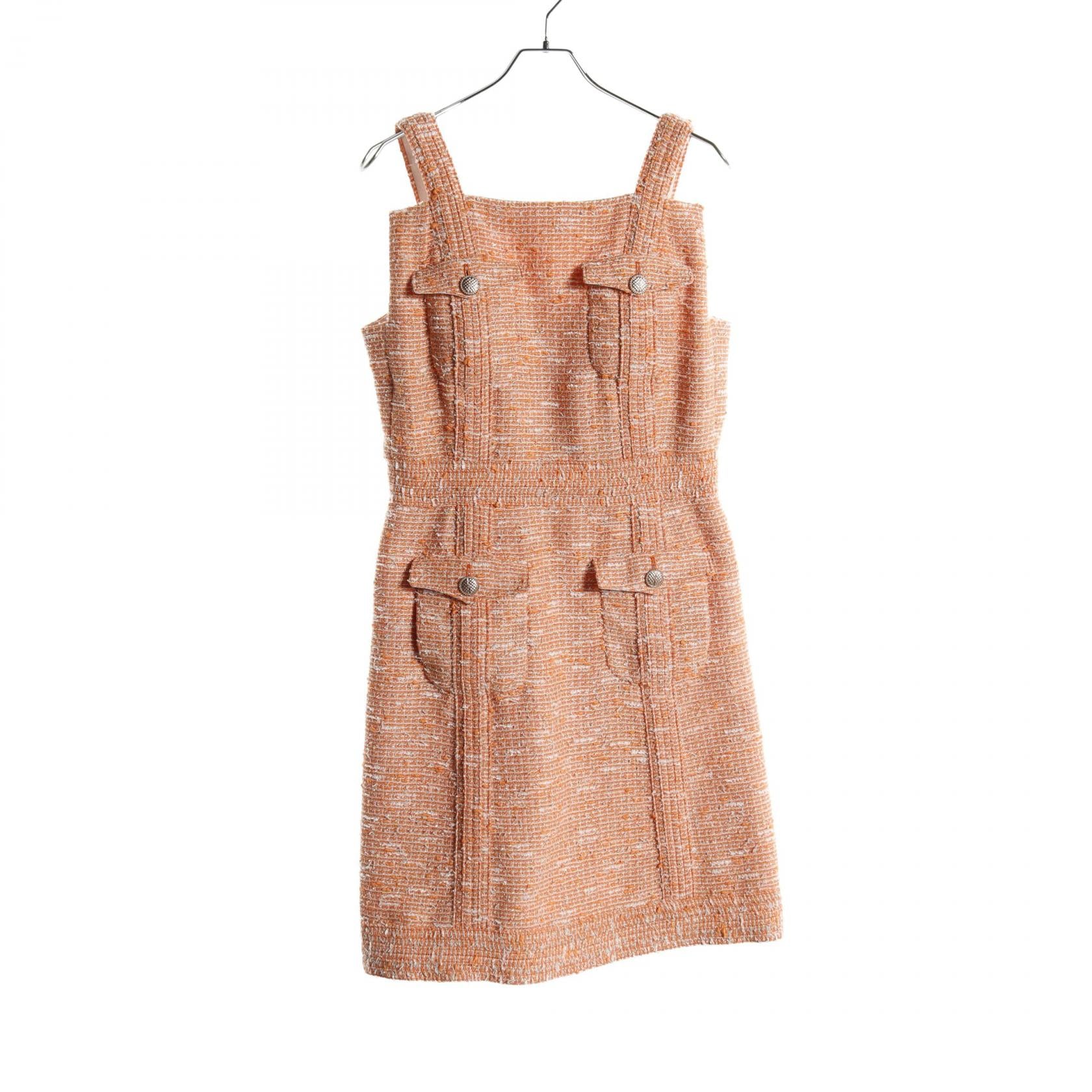 Chanel Tweed Dress Polyester Orange/White