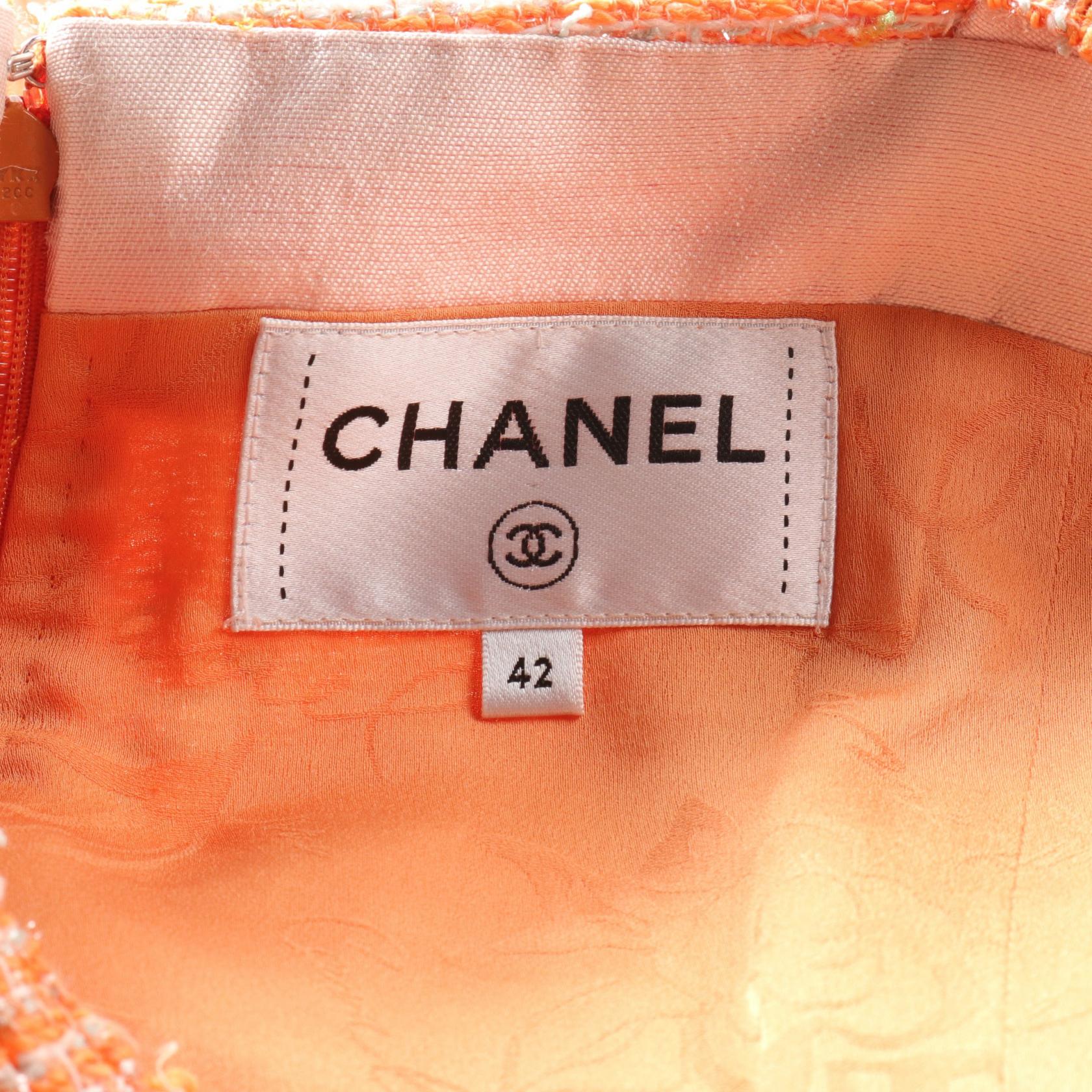 Chanel Tweed Dress Polyester Orange/White