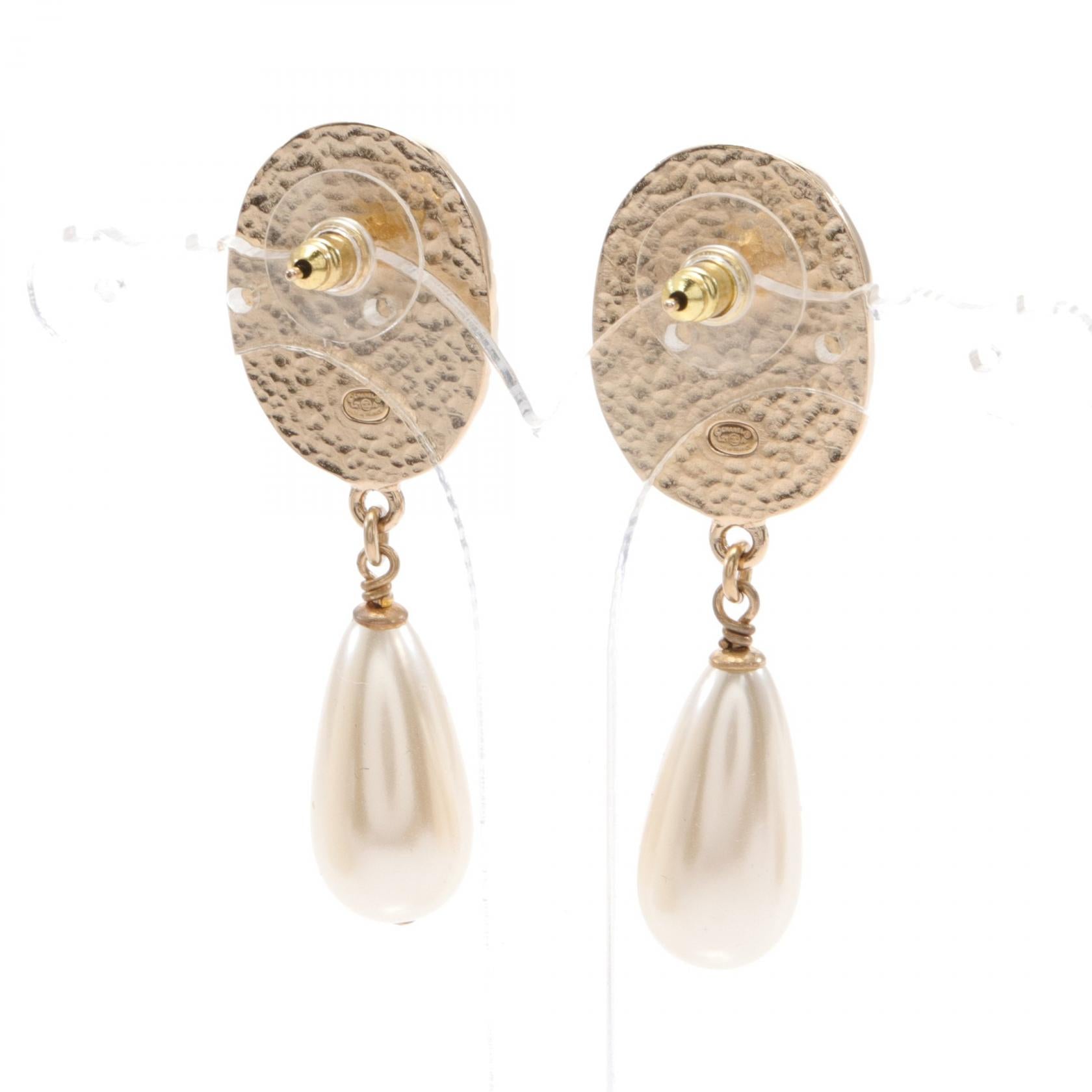 Chanel Coco Mark Earrings Gold Plated Faux Pearl Rhinestone