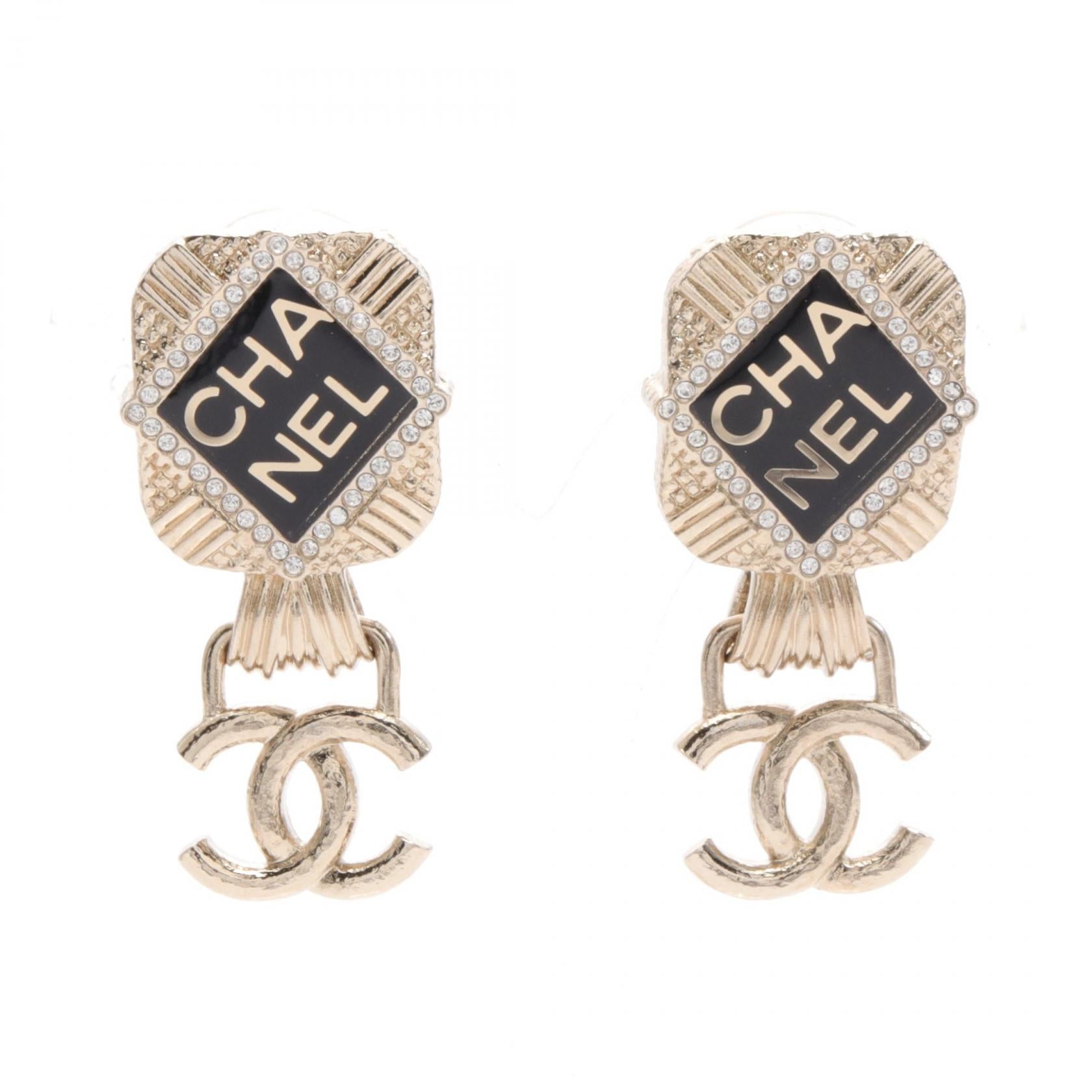 Chanel Coco Mark Earrings Gold Plated Rhinestone