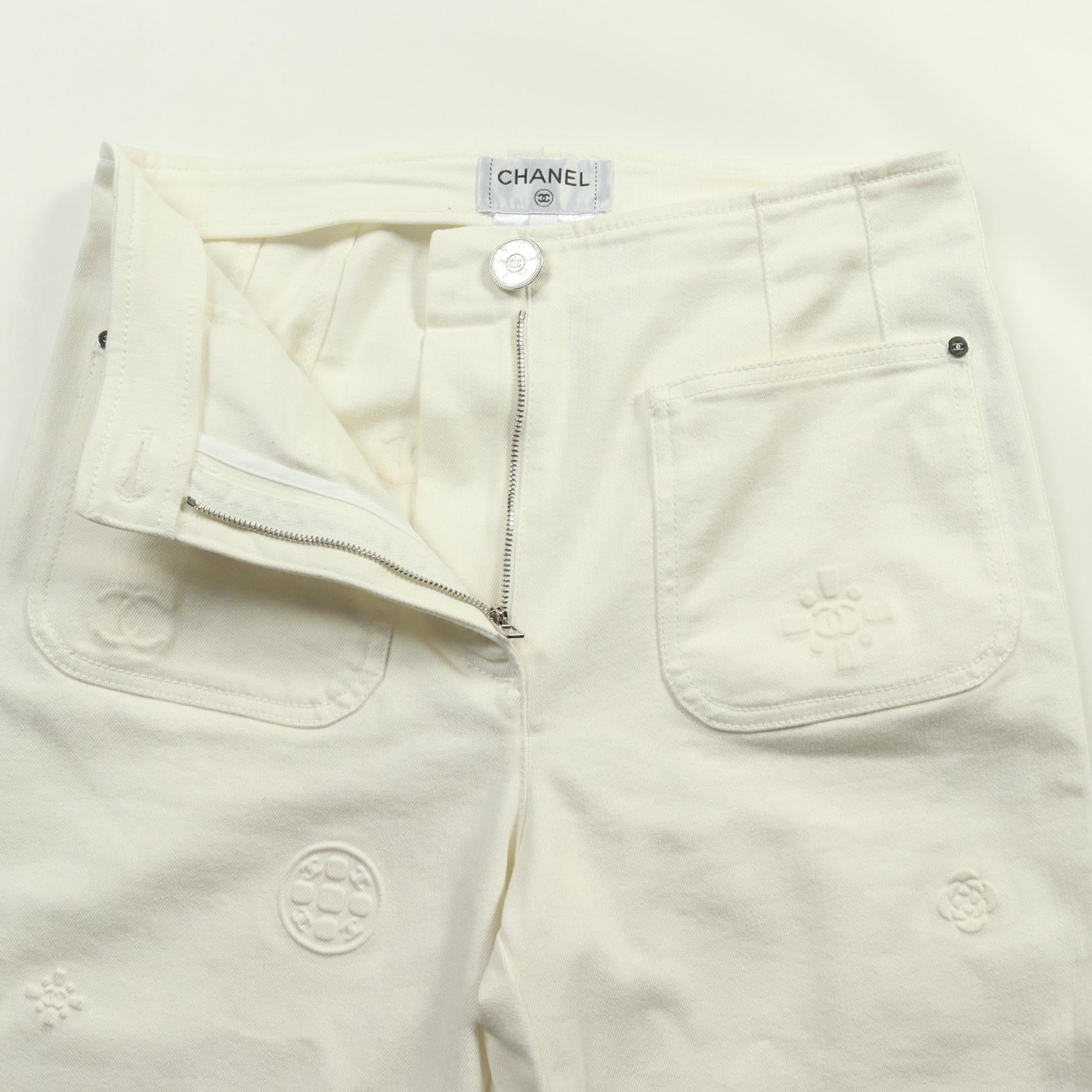 Chanel Camellia Denim Pants Cotton