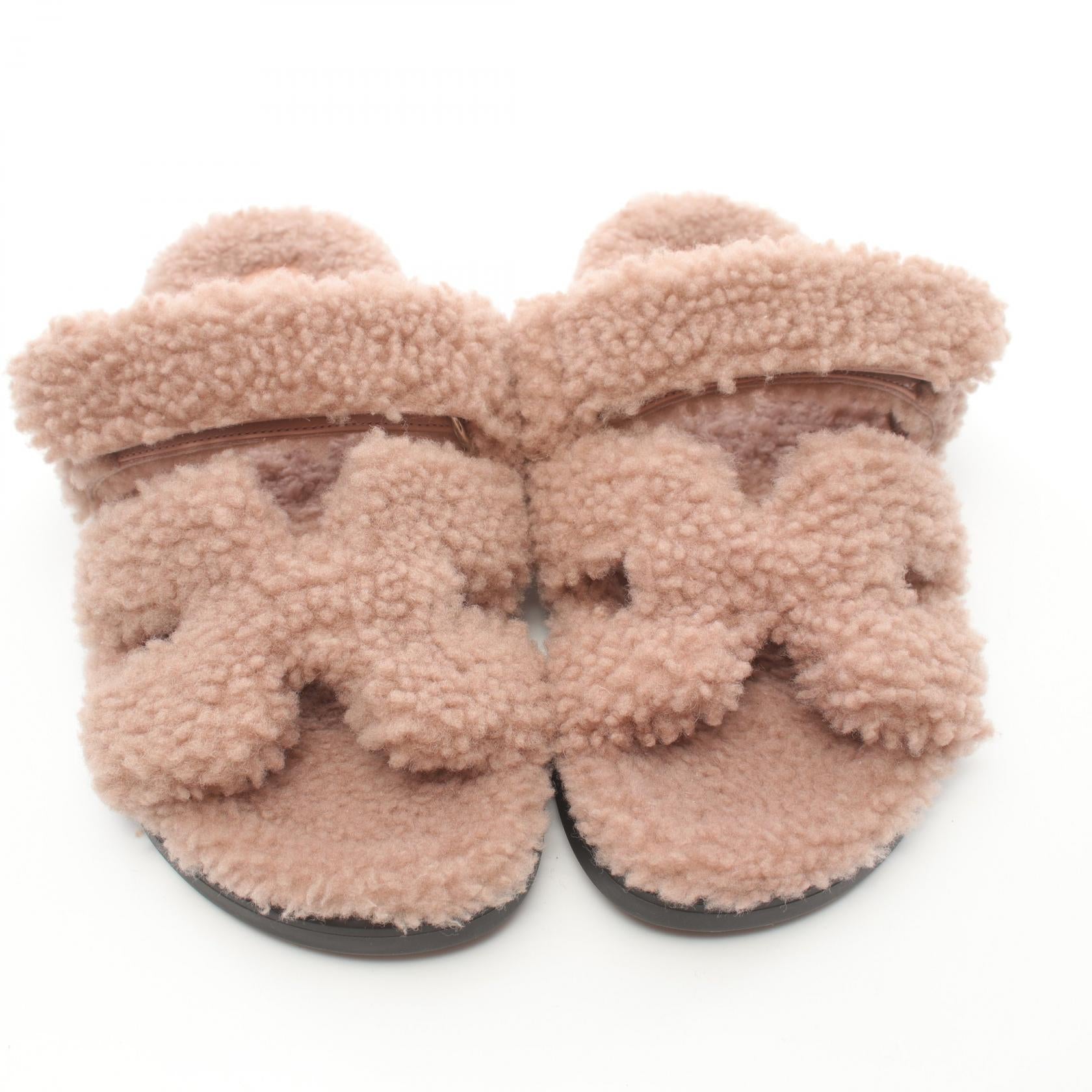 Hermes Shearling Sandals Pink