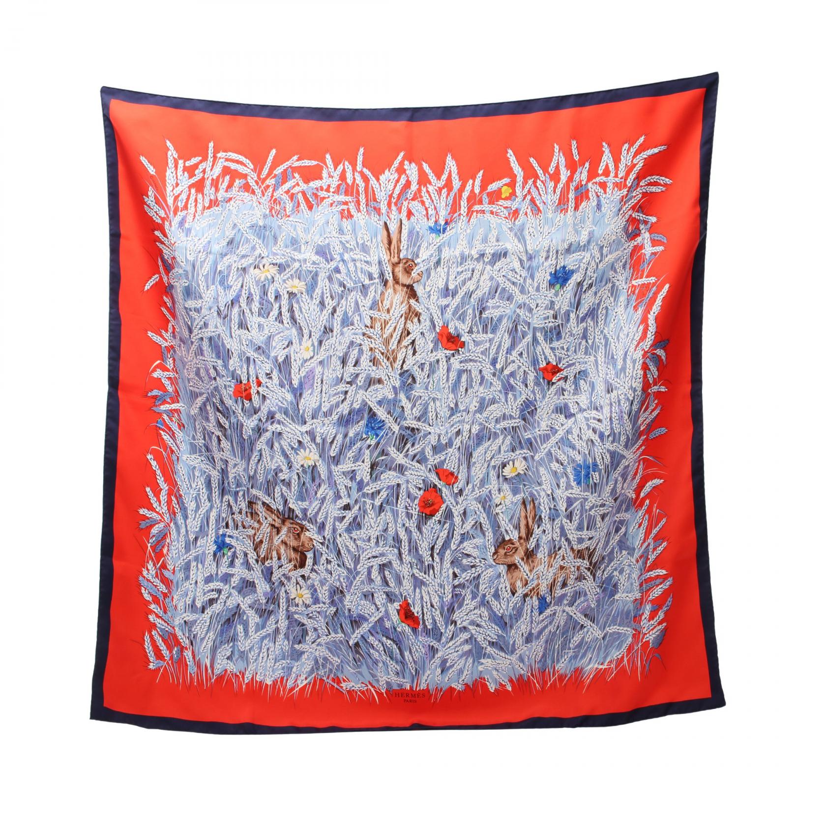 Hermes Silk Scarf Carré 90 Lapins Dans un Champ