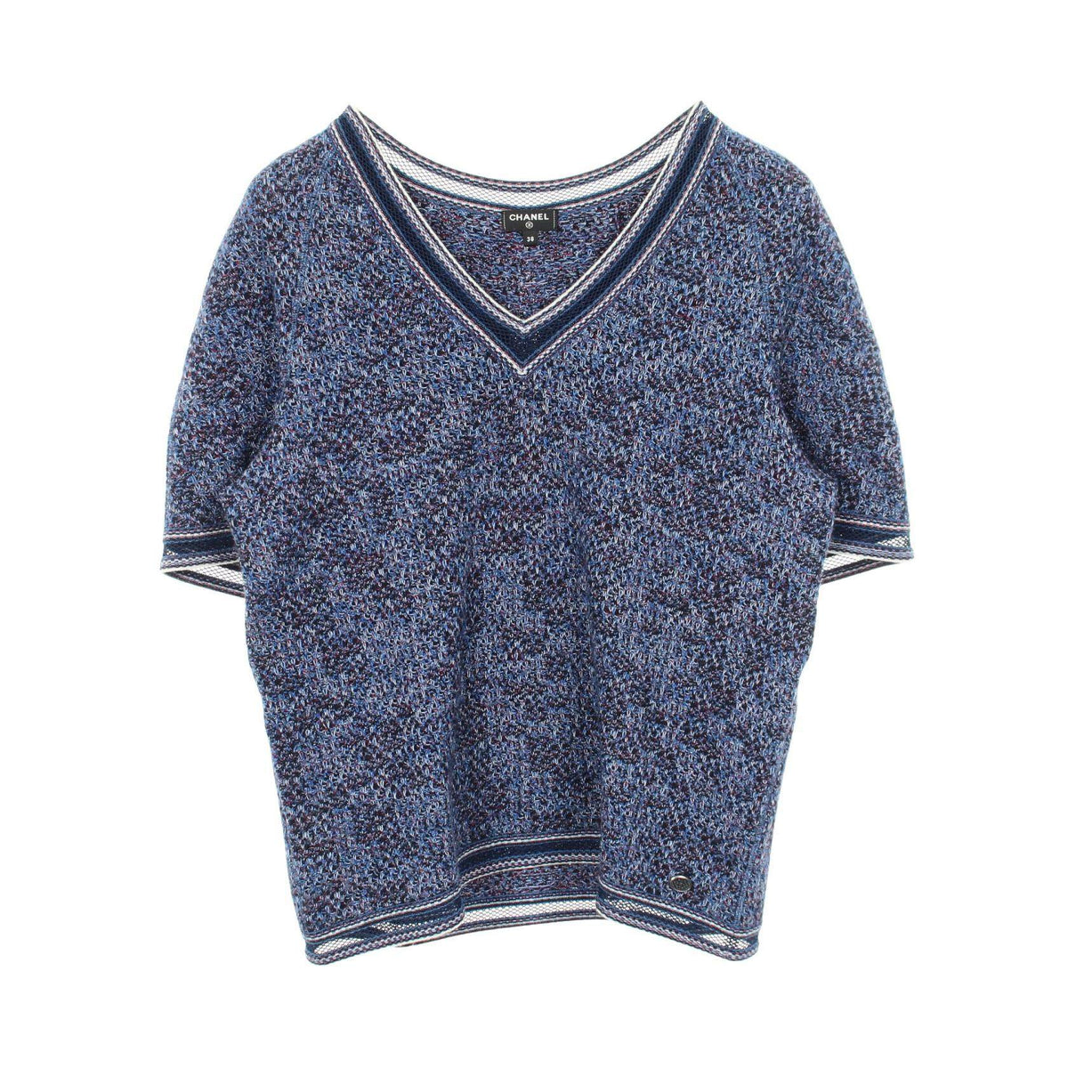 Chanel Lace Trim V Neck Short Sleeve Knit Top