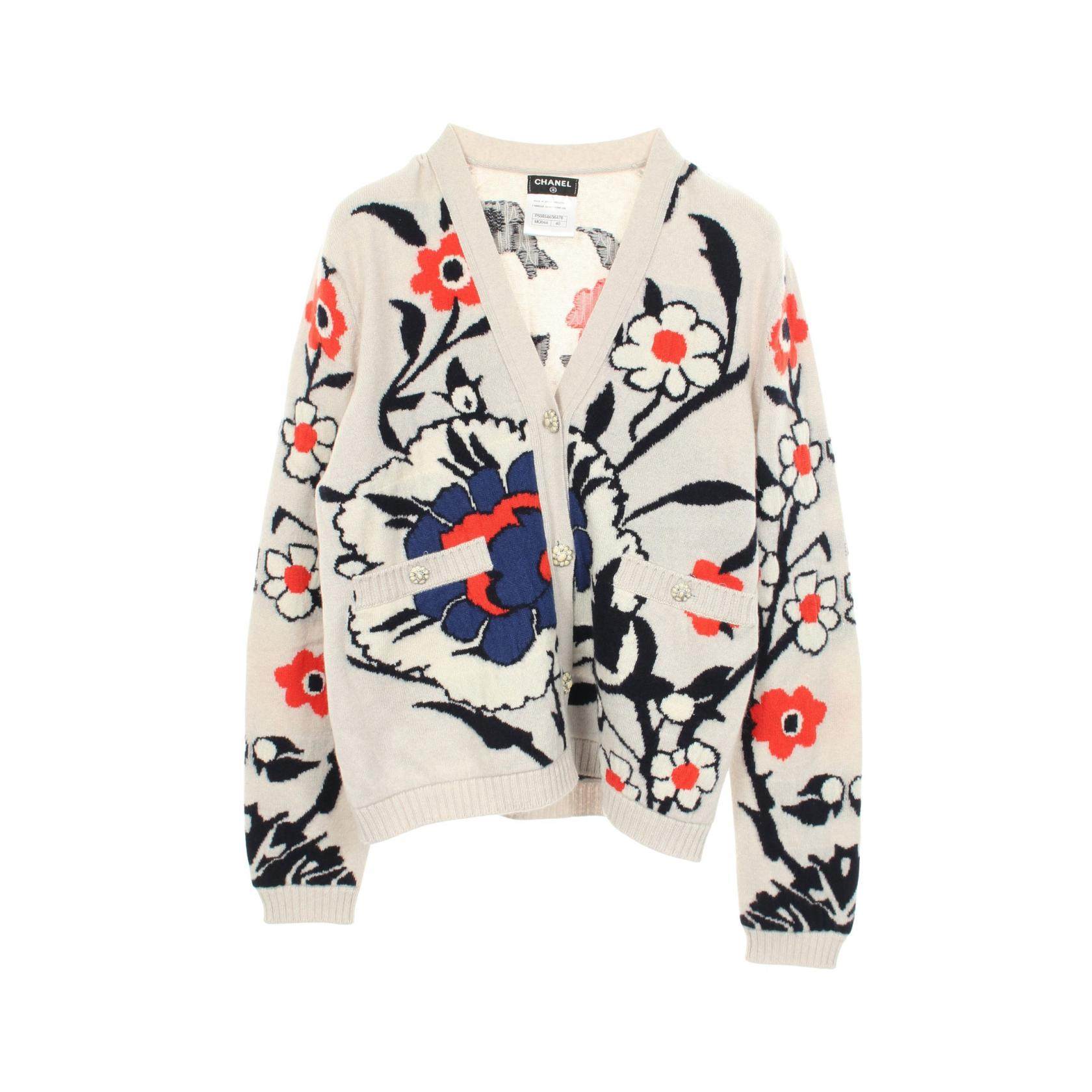 CHANEL Floral V Neck Cashmere Cardigan