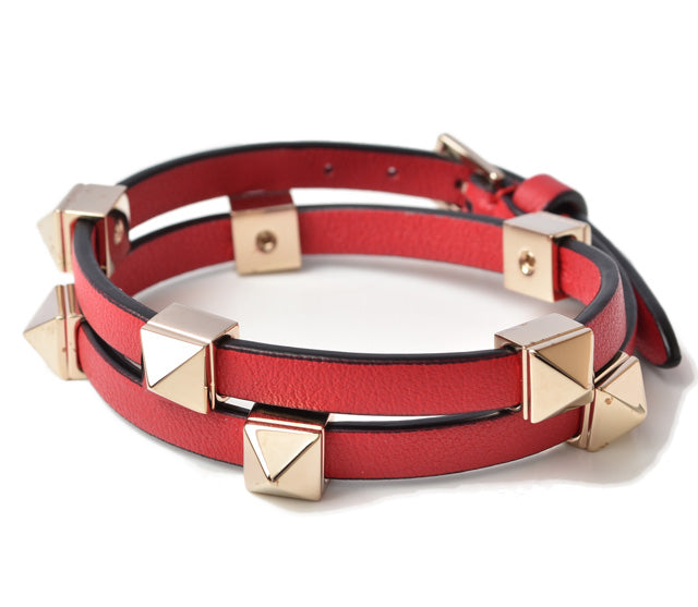 Valentino Leather Rockstuds Bangle/Bracelet, Red/Gold, 13-19cm