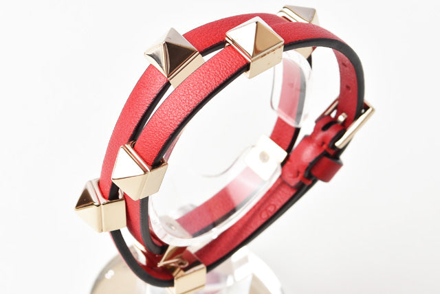 Valentino Leather Rockstuds Bangle/Bracelet, Red/Gold, 13-19cm