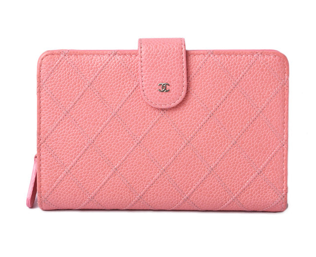 Chanel Quilted Leather Bifold Wallet Rose Silver Hardware