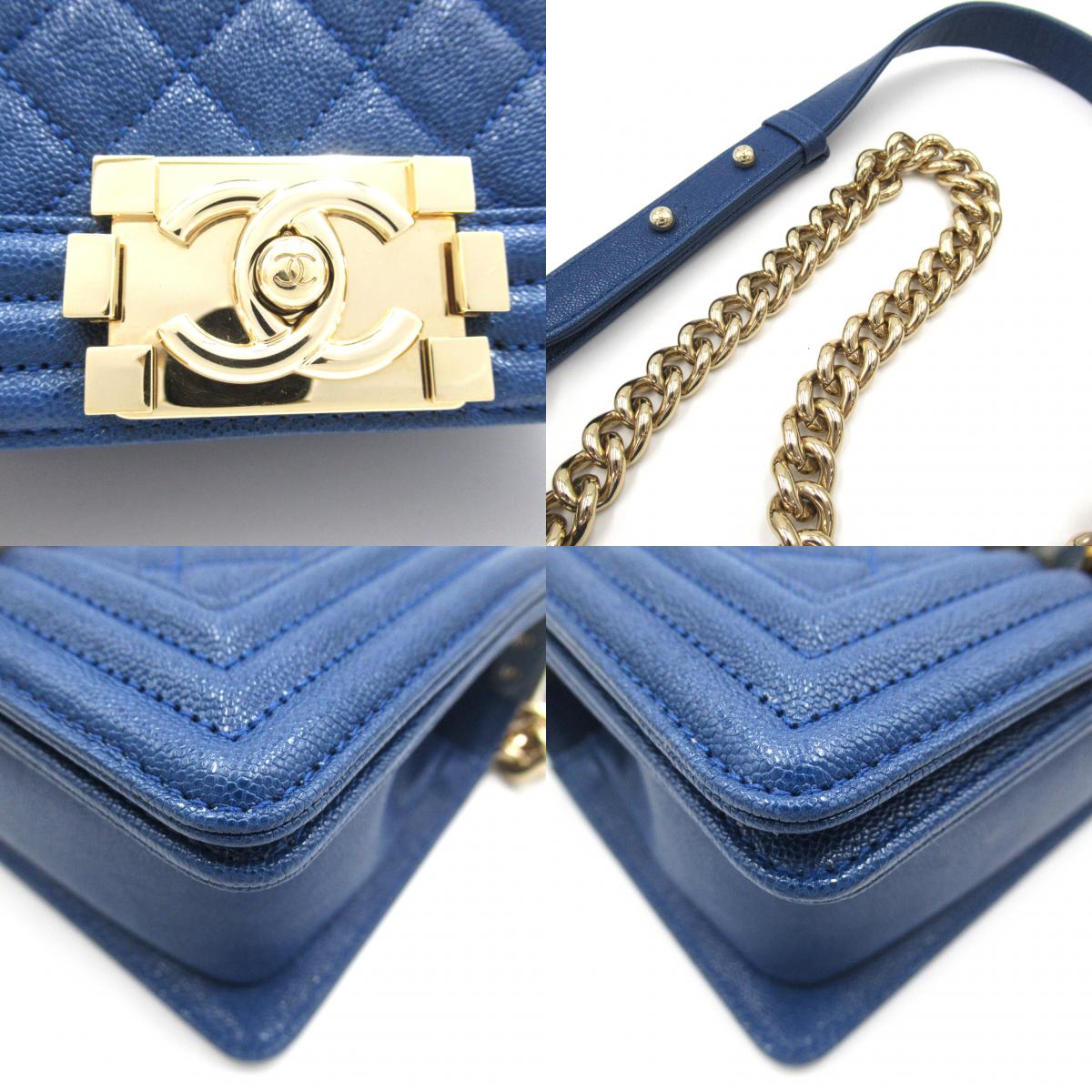 Chanel Boy Caviar Skin Chain Shoulder Bag Blue