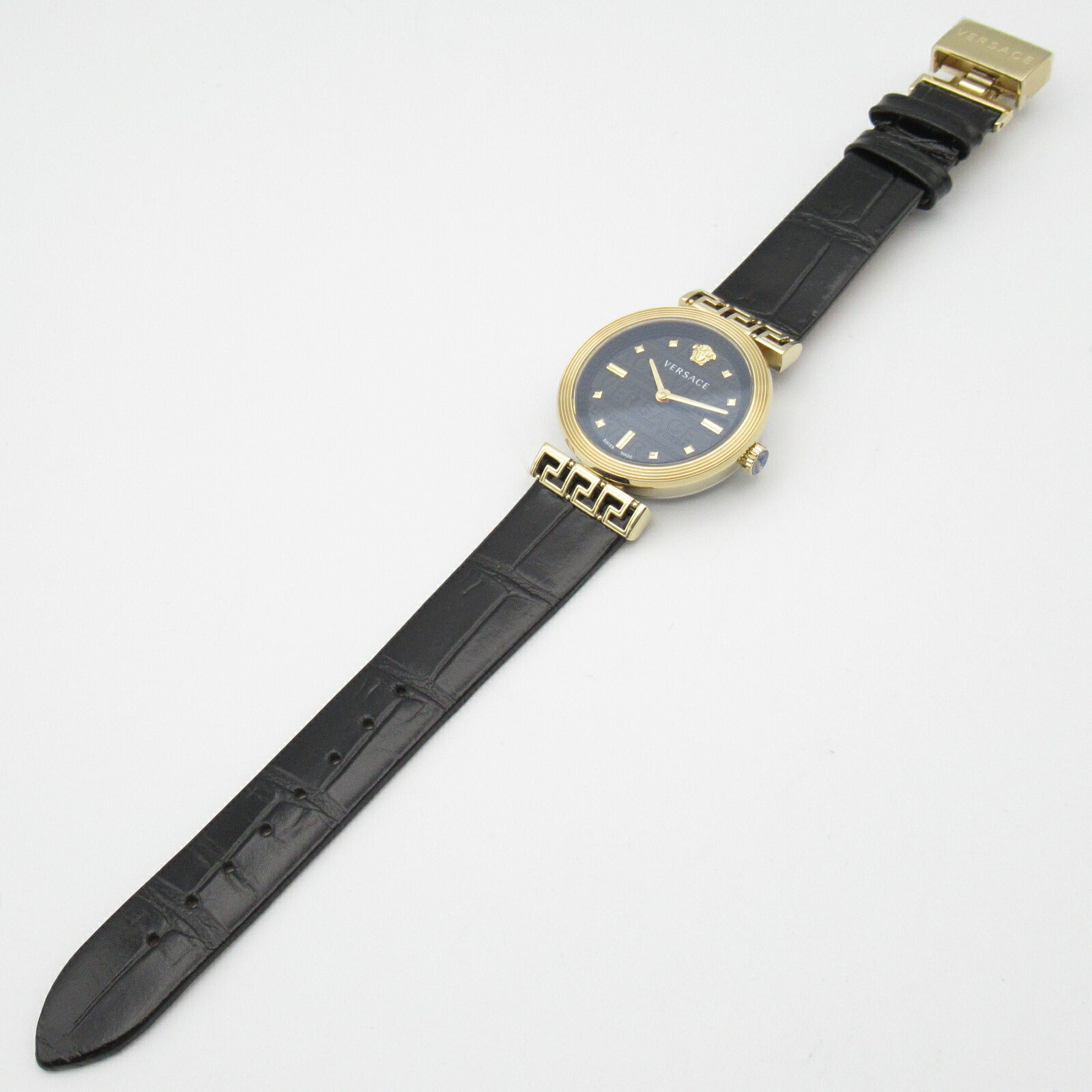 Versace Meander Quartz Watch Black Leather Gold