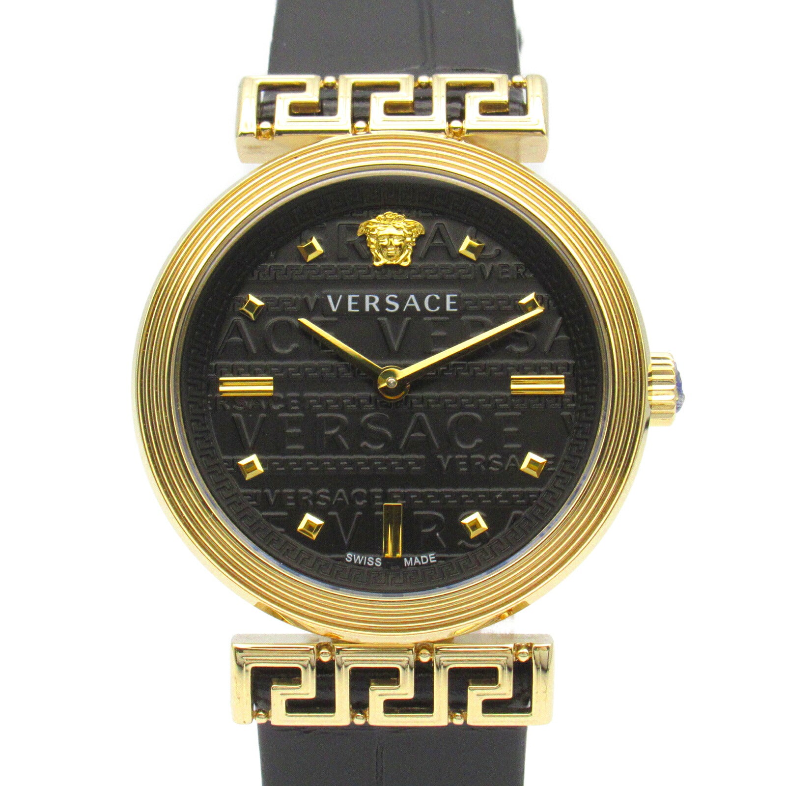 Versace Meander Quartz Watch Black Leather Gold