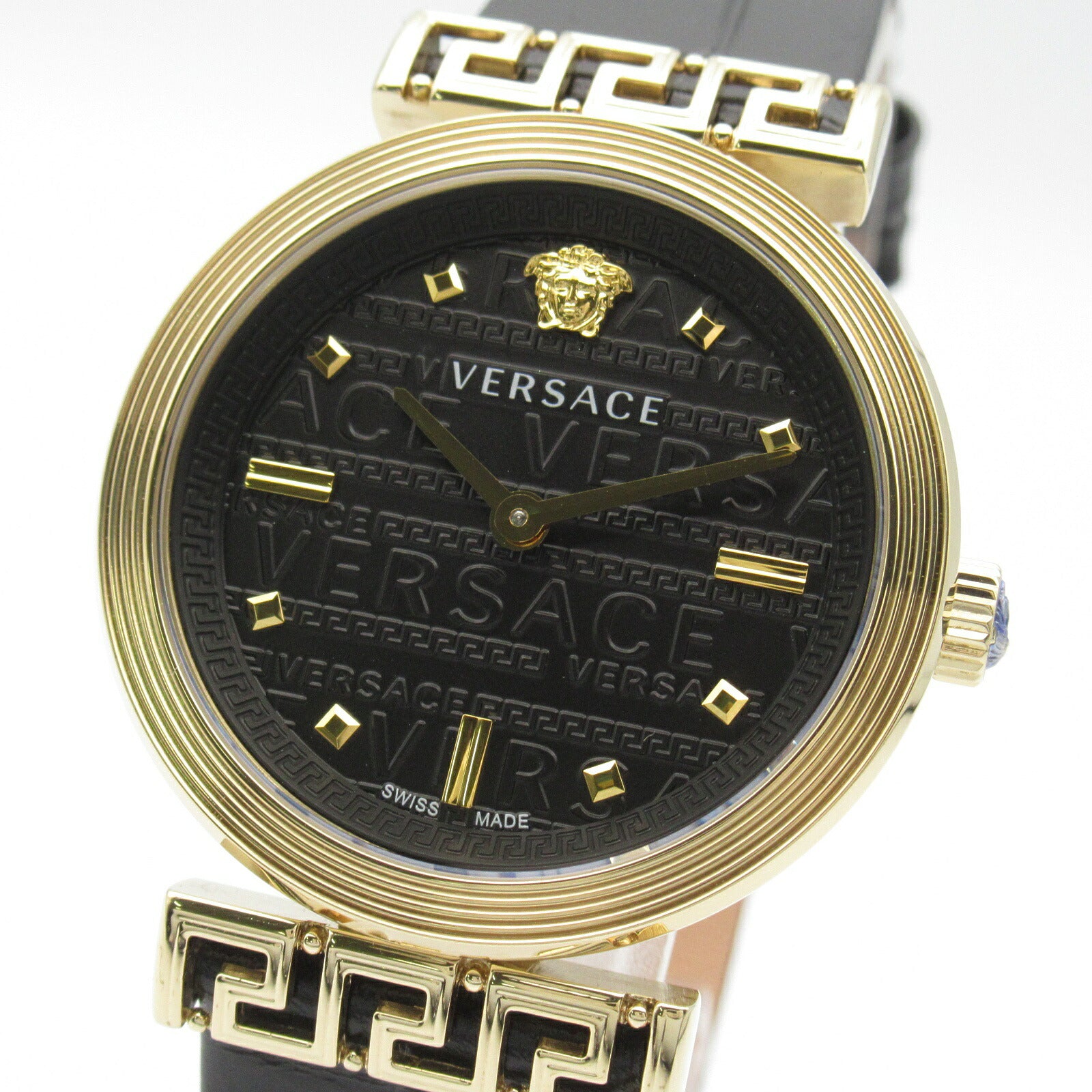 Versace Meander Quartz Watch Black Leather Gold