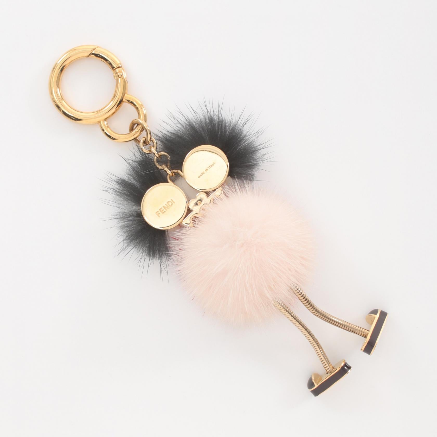 Fendi Chick Mink Fur Pom Pom Bag Charm Metal Key Chain in Great Condition