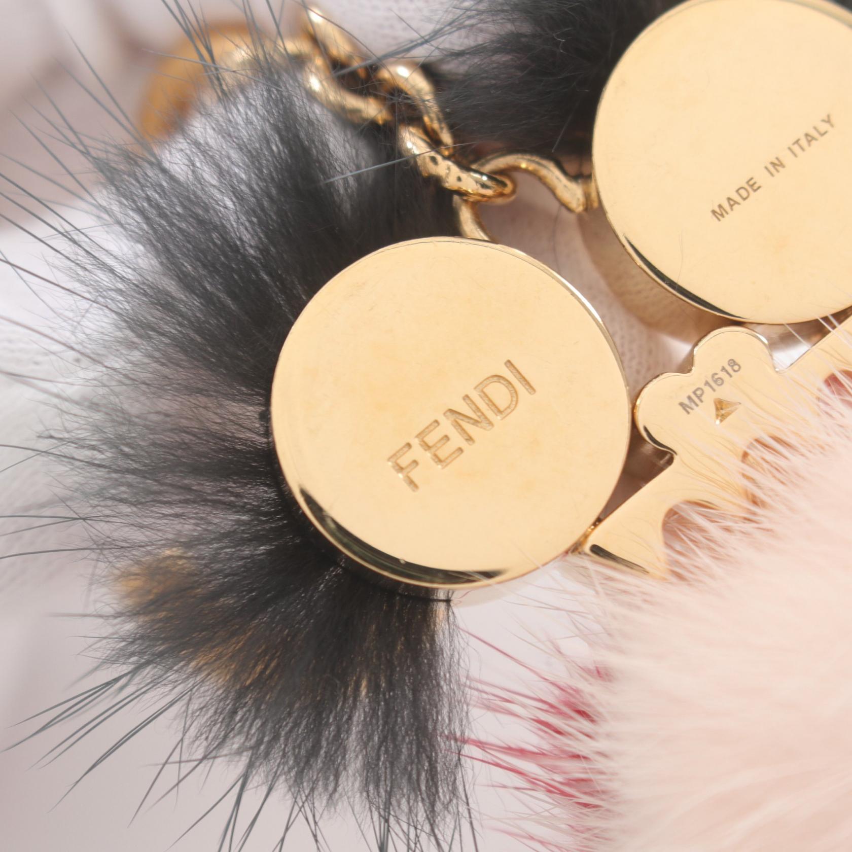 Fendi Chick Mink Fur Pom Pom Bag Charm Metal Key Chain in Great Condition