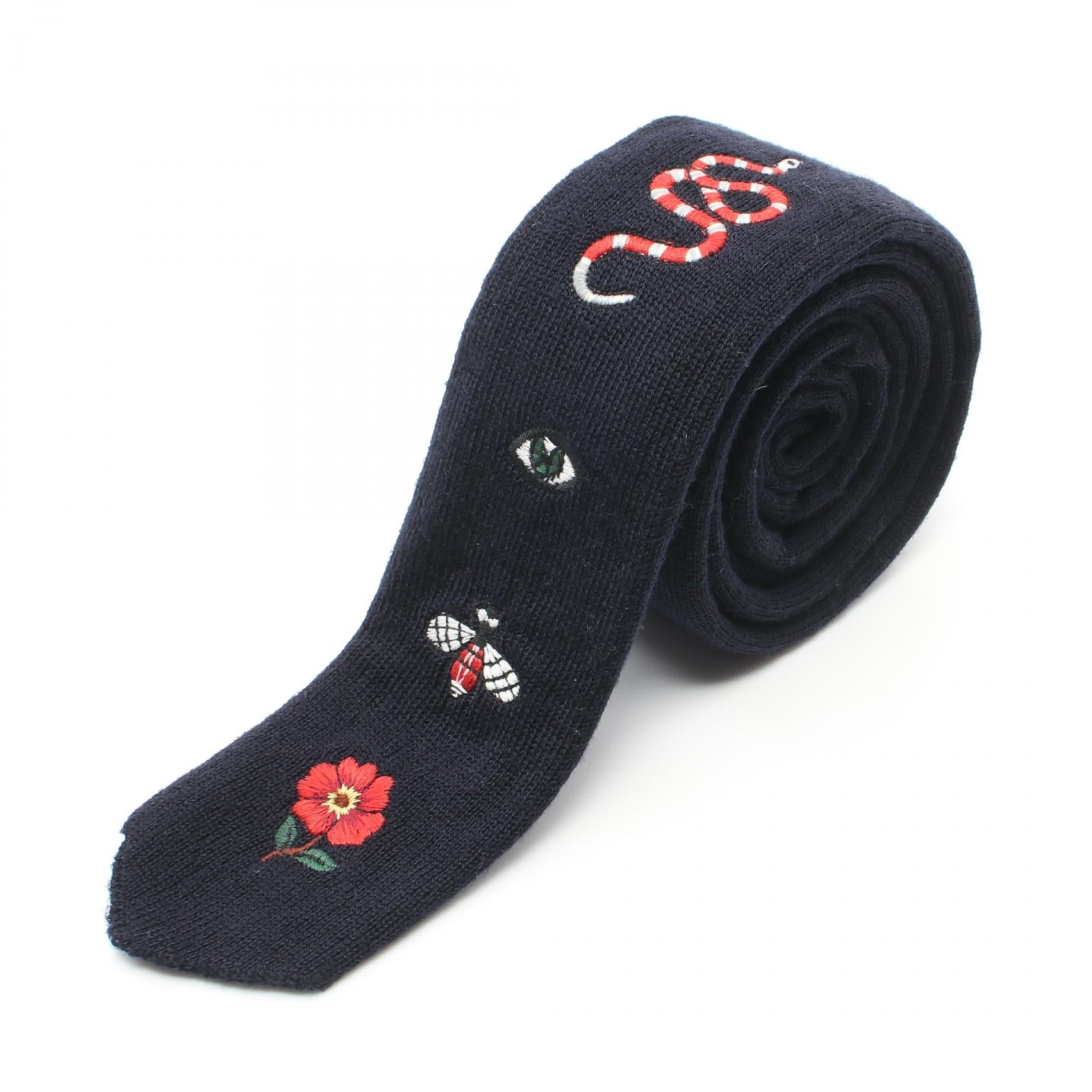 Gucci Wool Embroidery Tie Navy Multicolor