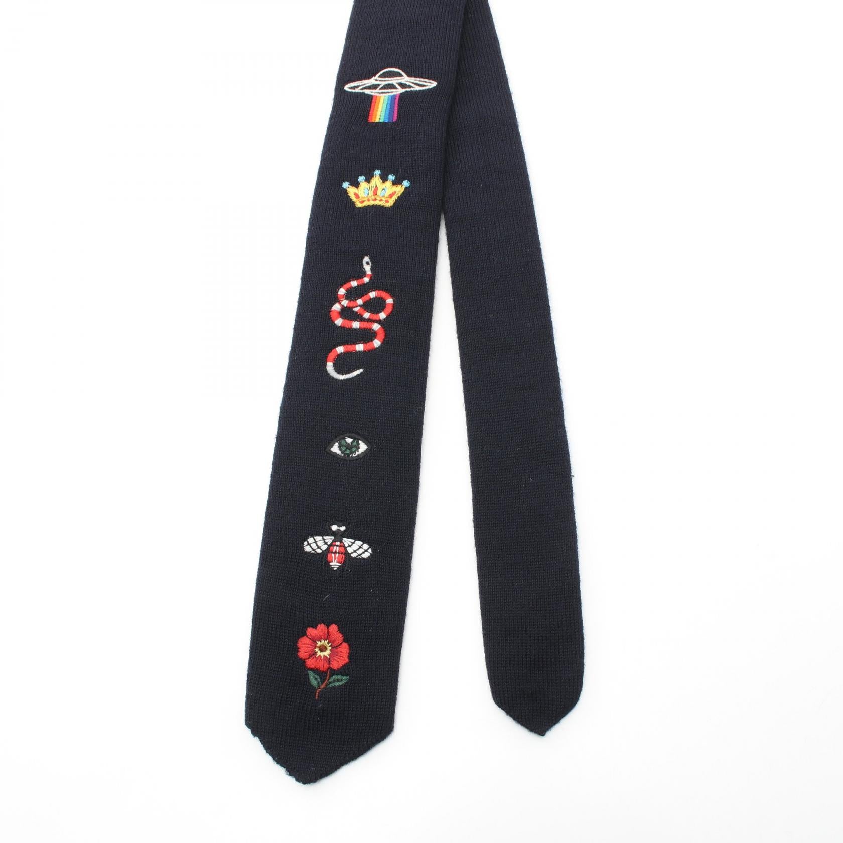 Gucci Wool Embroidery Tie Navy Multicolor