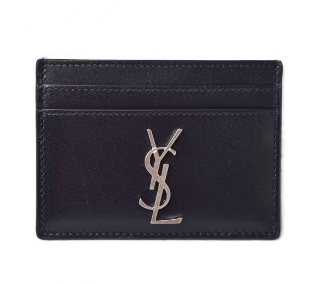 Yves Saint Laurent Leather Card Case Dark Navy/Matte Silver in Pristine Condition