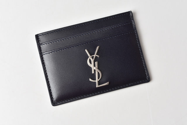 Yves Saint Laurent Leather Card Case Dark Navy/Matte Silver in Pristine Condition