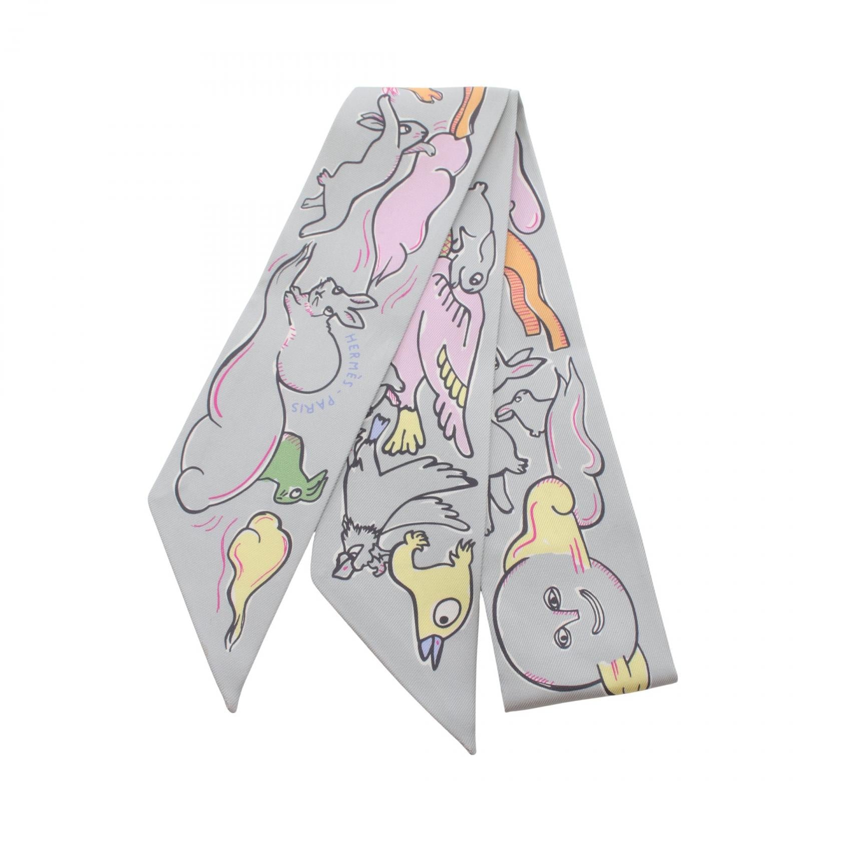 Hermes Silk Twilly Scarf Gray Multicolor