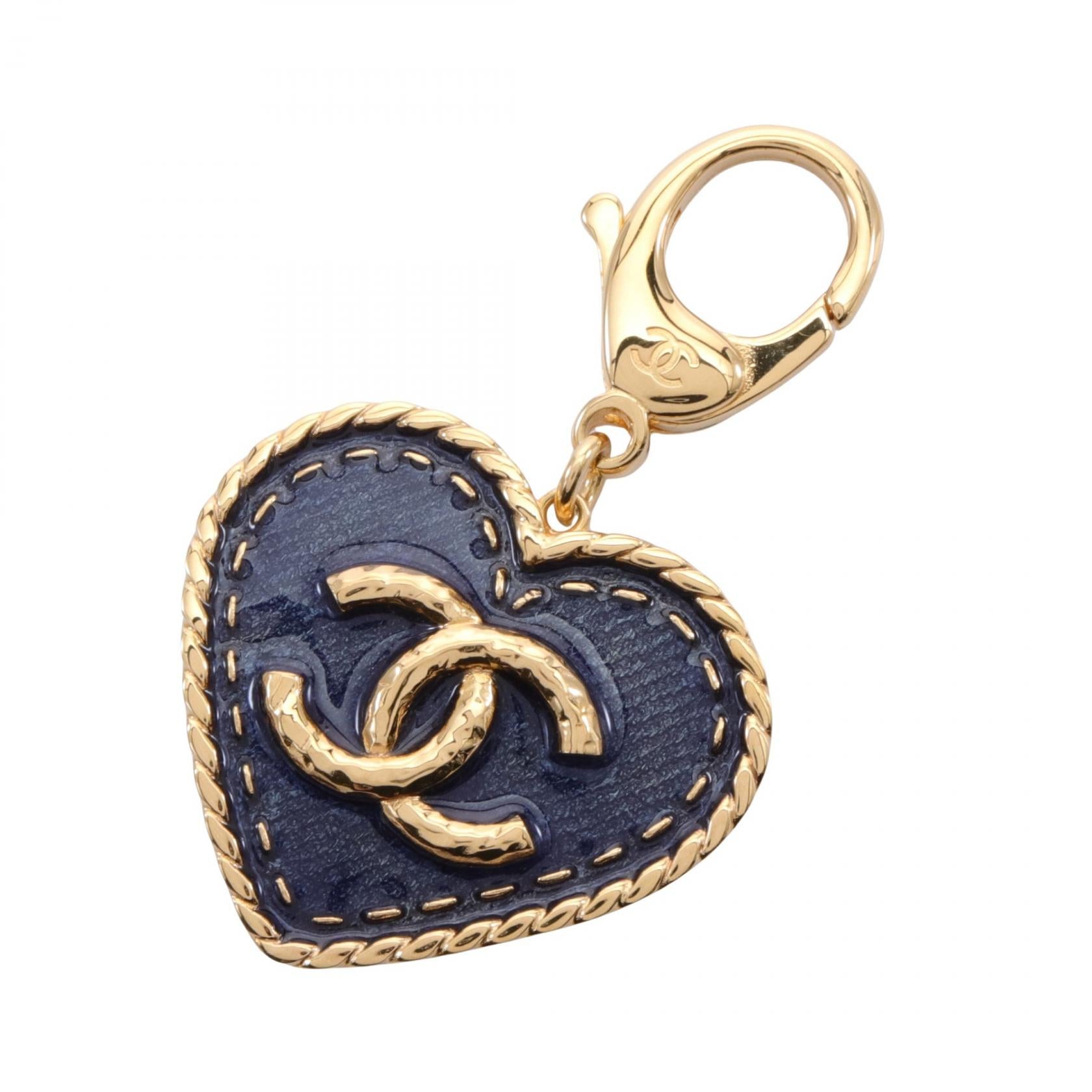 Chanel CC Denim Heart Bag Charm Metal Key Holder in Great Condition