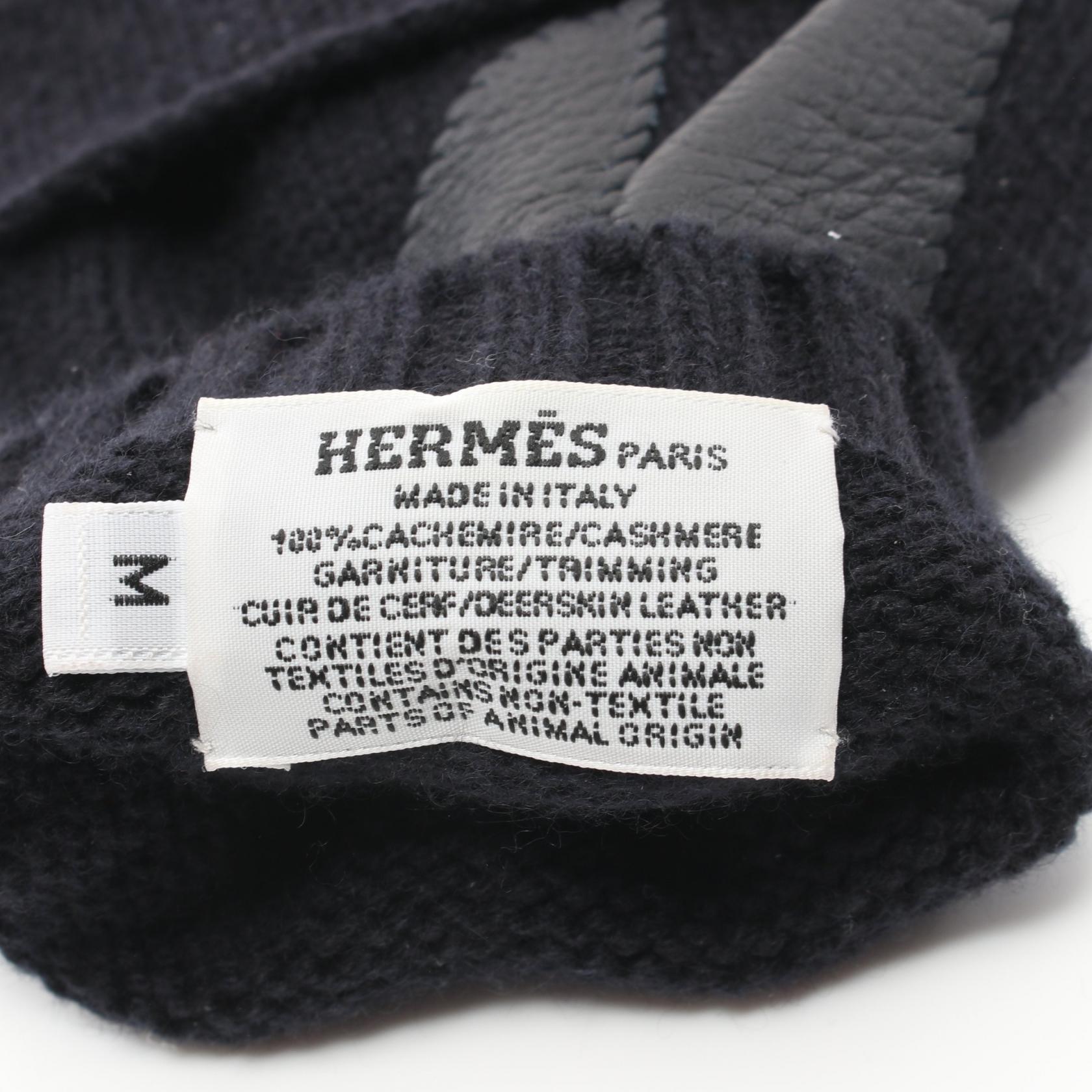 Hermes Leather Cashmere Gloves Navy