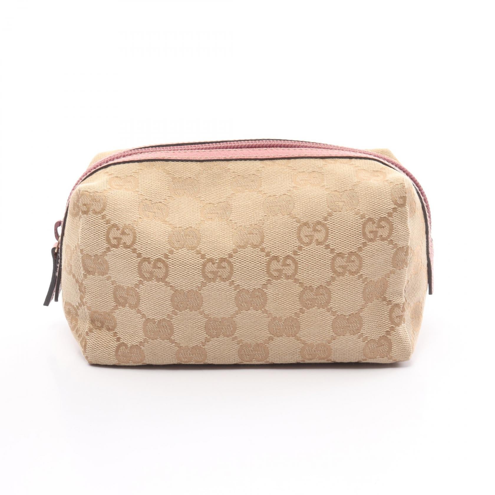 Gucci GG Canvas Leather Cosmetic Pouch Canvas Vanity Bag 29596 in Very Good Condition