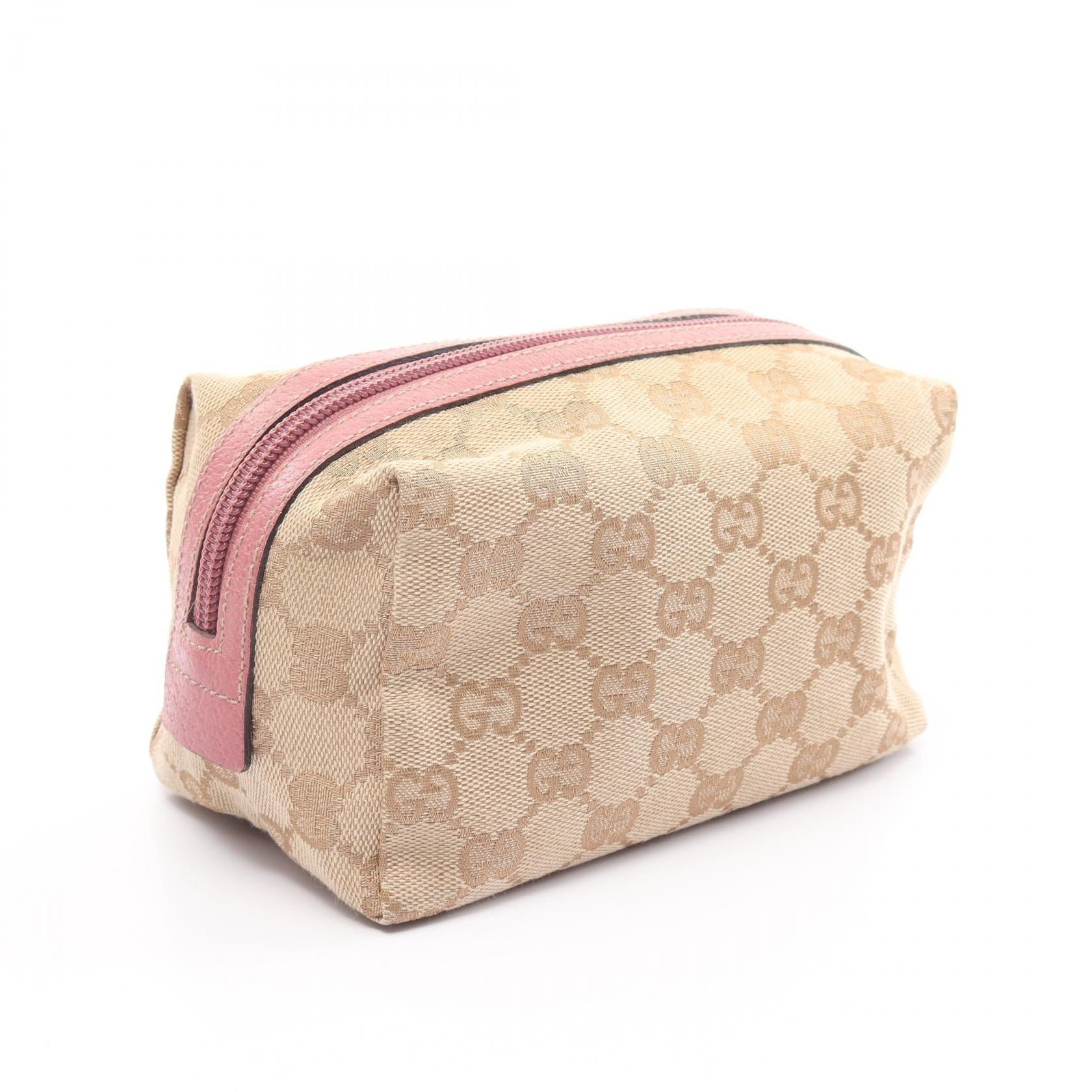 Gucci GG Canvas Leather Cosmetic Pouch Canvas Vanity Bag 29596 in Very Good Condition