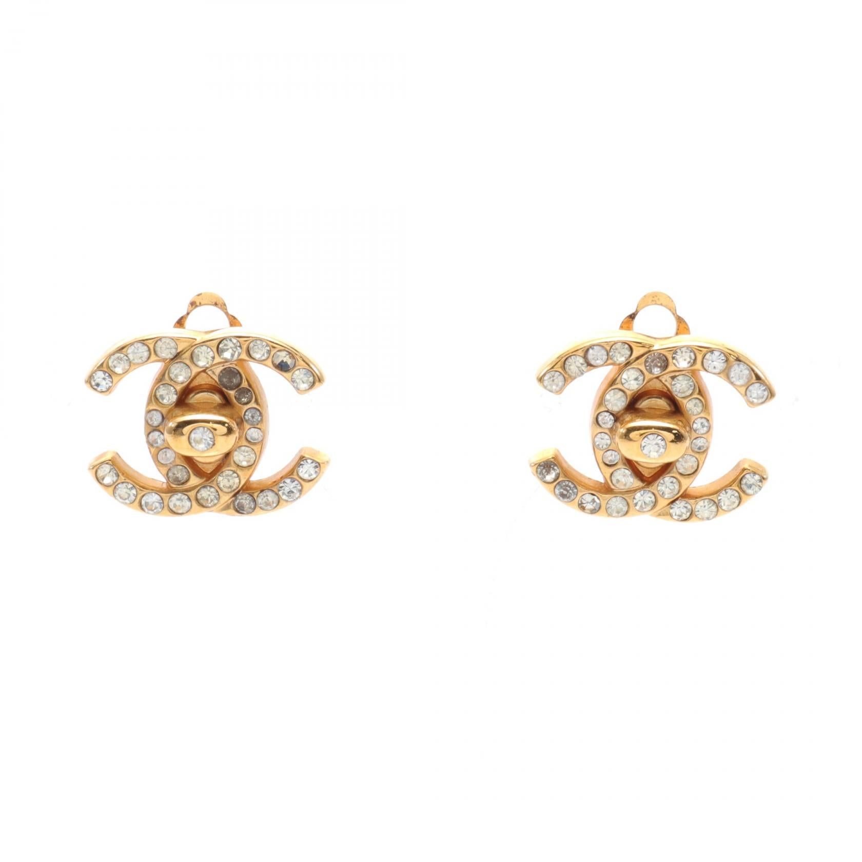 Chanel Coco Mark Earrings Gold Plated Rhinestone