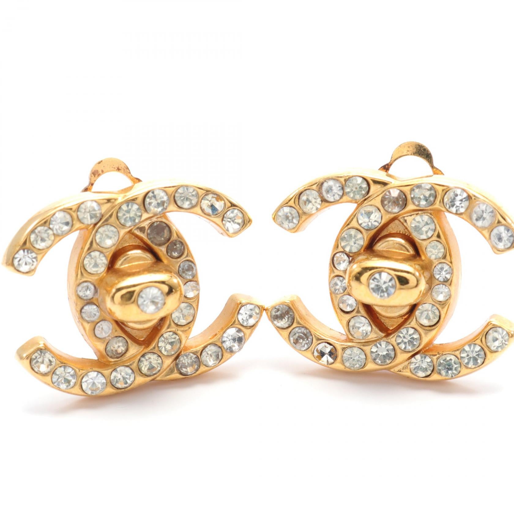 Chanel Coco Mark Earrings Gold Plated Rhinestone