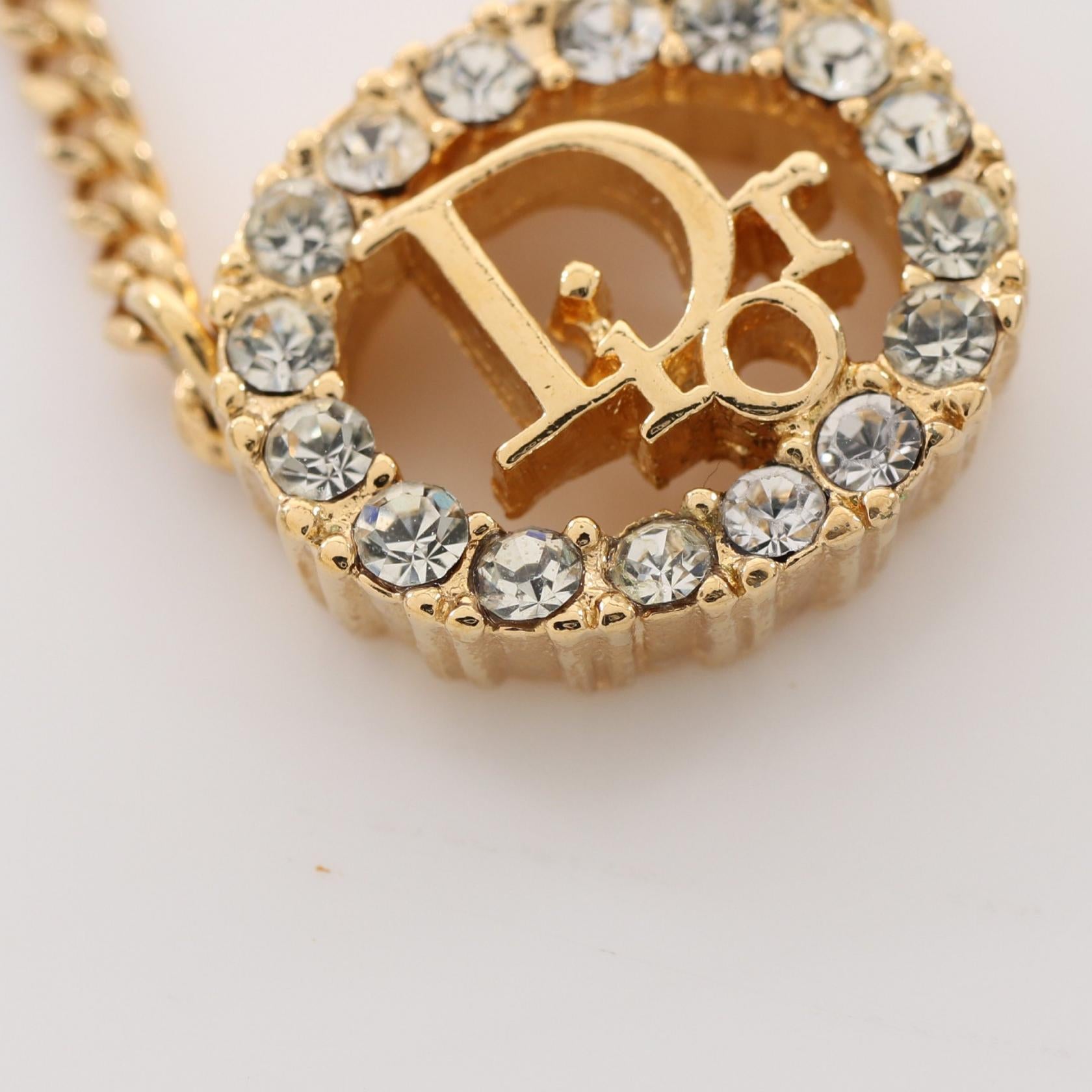 Dior Logo Rhinestone Chain Necklace Metal Necklace in Great Condition