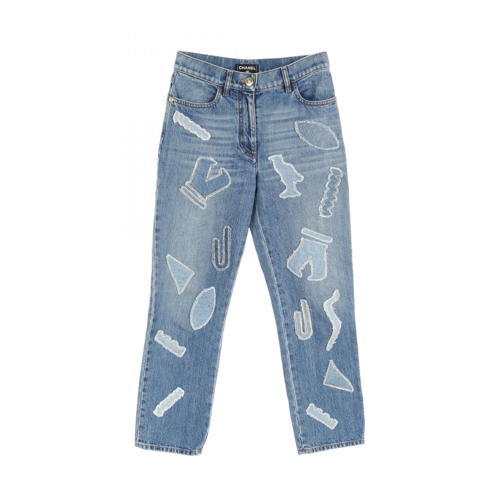 Chanel Patch Design Denim Pants Cotton