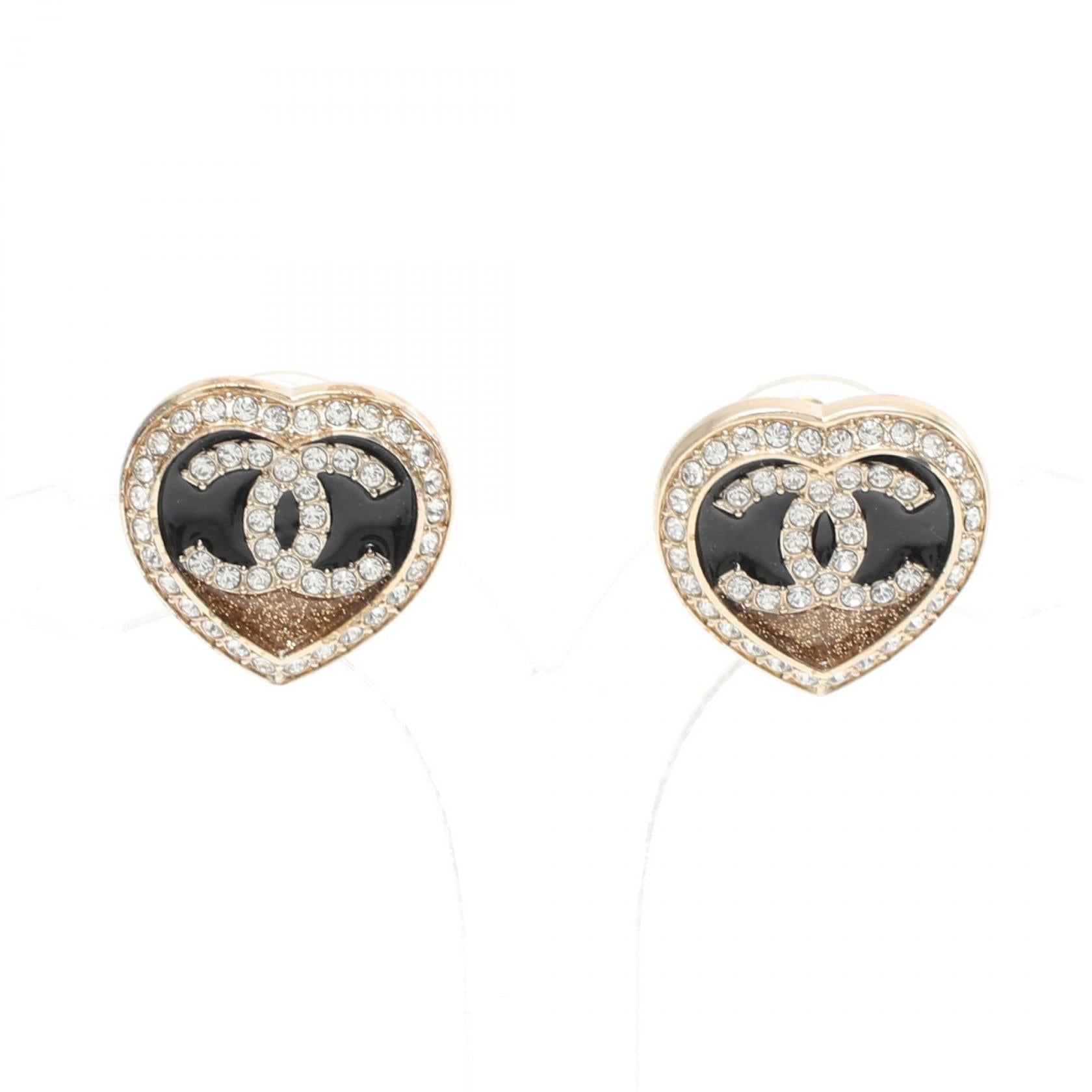 Chanel Heart Earrings Gold Plated Rhinestone