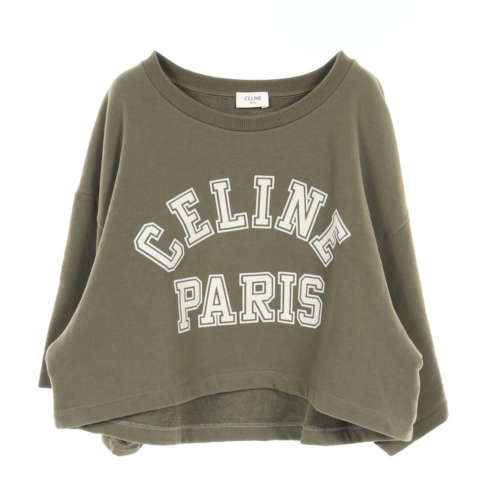 Celine Logo Cropped Cotton T-Shirt Khaki