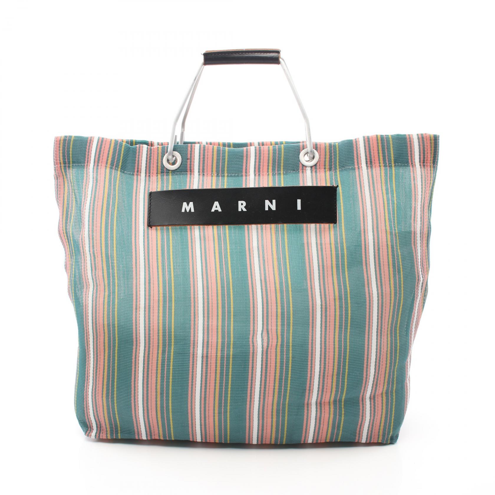 Marni Flower Cafe Stripe Tote Bag Leather Fabric