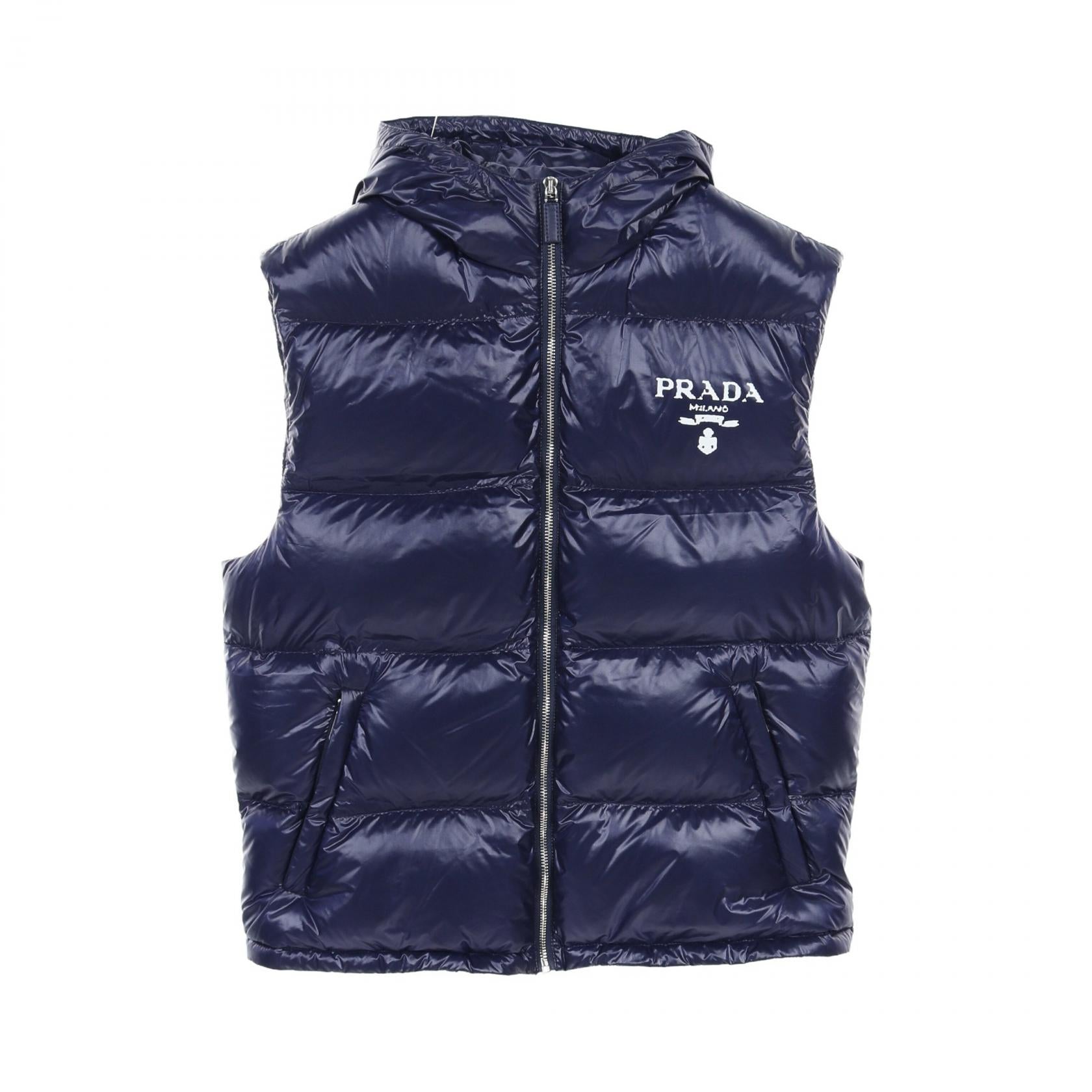 Prada Nylon Logo Print Down Vest Outerwear