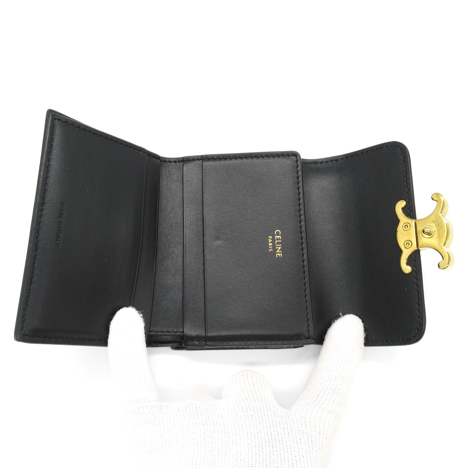 Celine Leather Triomphe Trifold Wallet Black