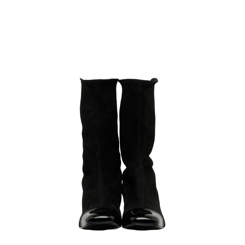 Chanel Coco Mark Boots in Black Suede and Patent Leather Size 37 in Very Good Condition