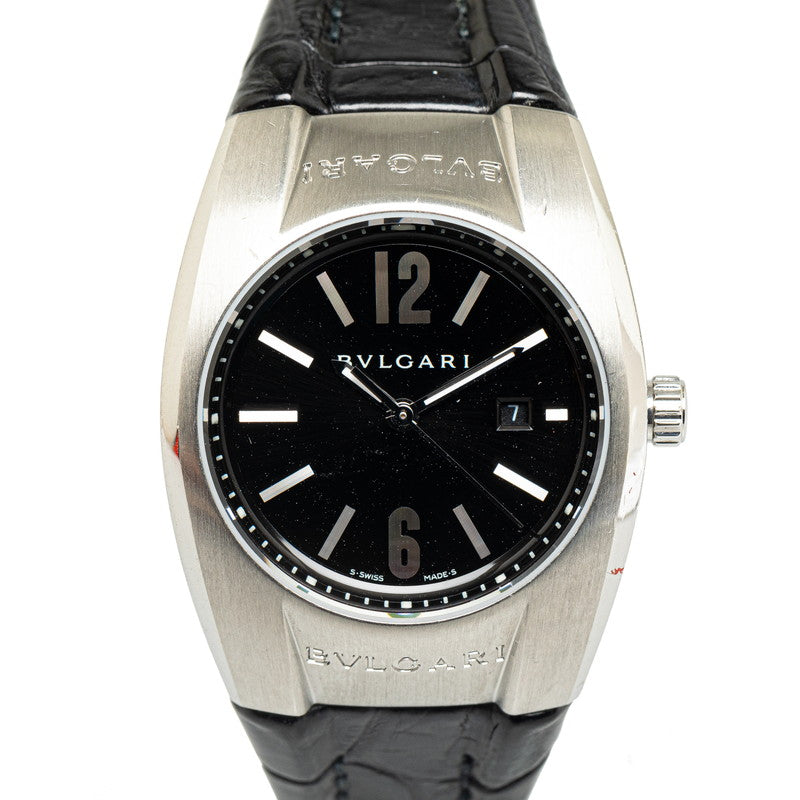 Bvlgari Ergon Quartz Watch Black Dial Leather Stainless Steel