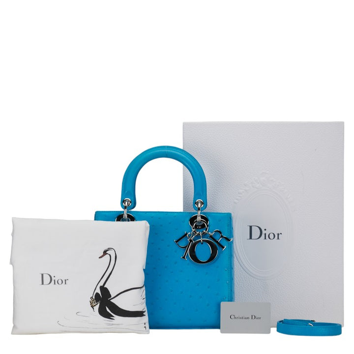 Dior Lady Dior Ostrich 2WAY Handbag Blue in Very Good Condition