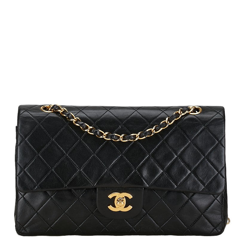 Chanel Matelasse 25 Double Flap Chain Shoulder Bag Black Lambskin in Very Good Condition