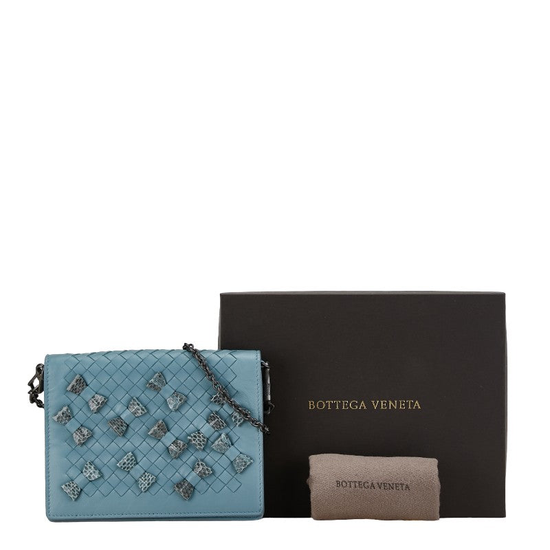 Bottega Veneta Intrecciato Ribbon Chain Shoulder Wallet Blue Leather in Very Good Condition