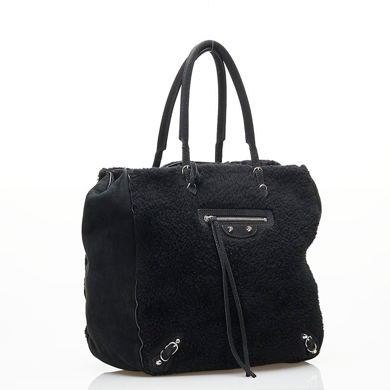 Balenciaga Shearling Leather Tote Handbag Black