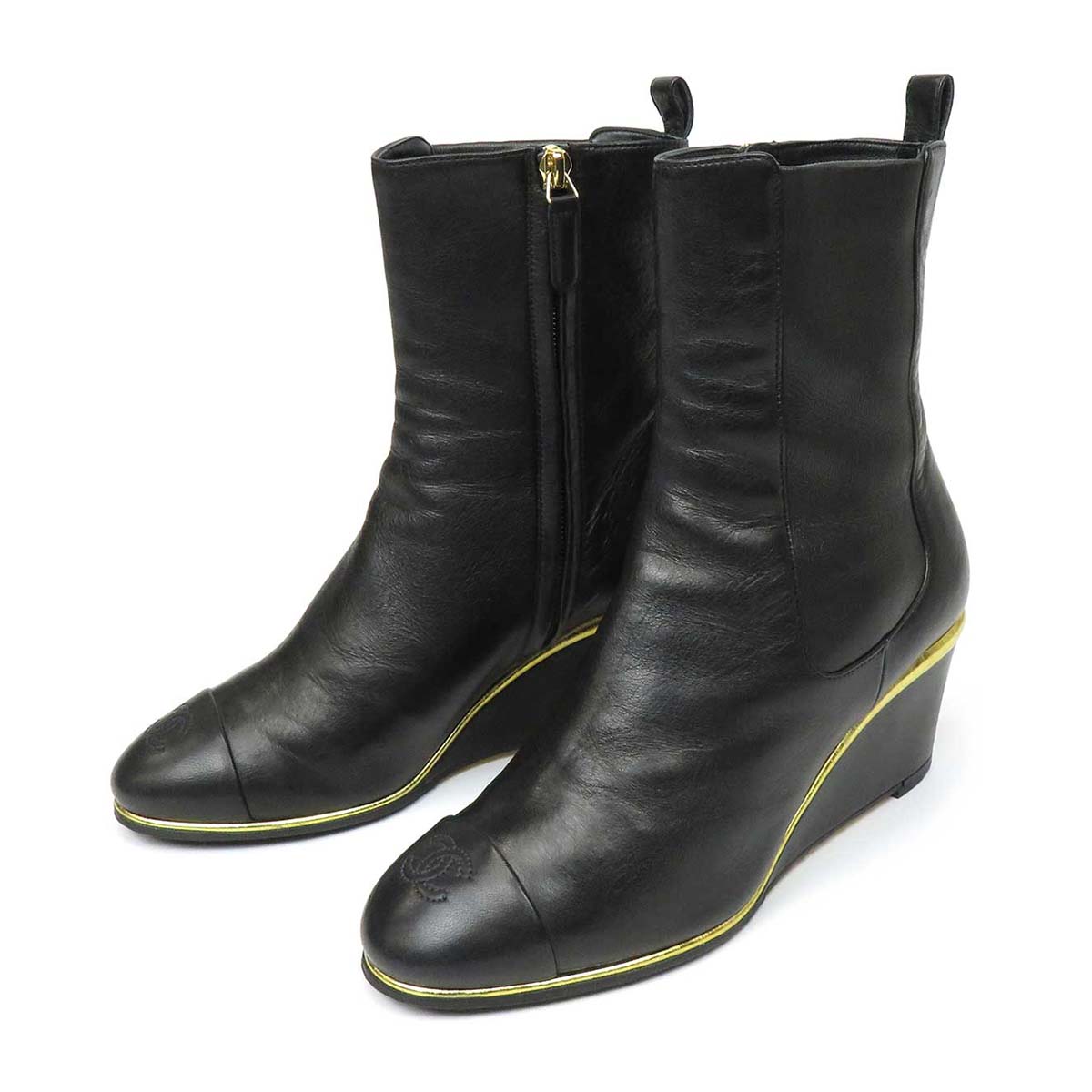 Chanel Leather Ankle Boots Black Gold