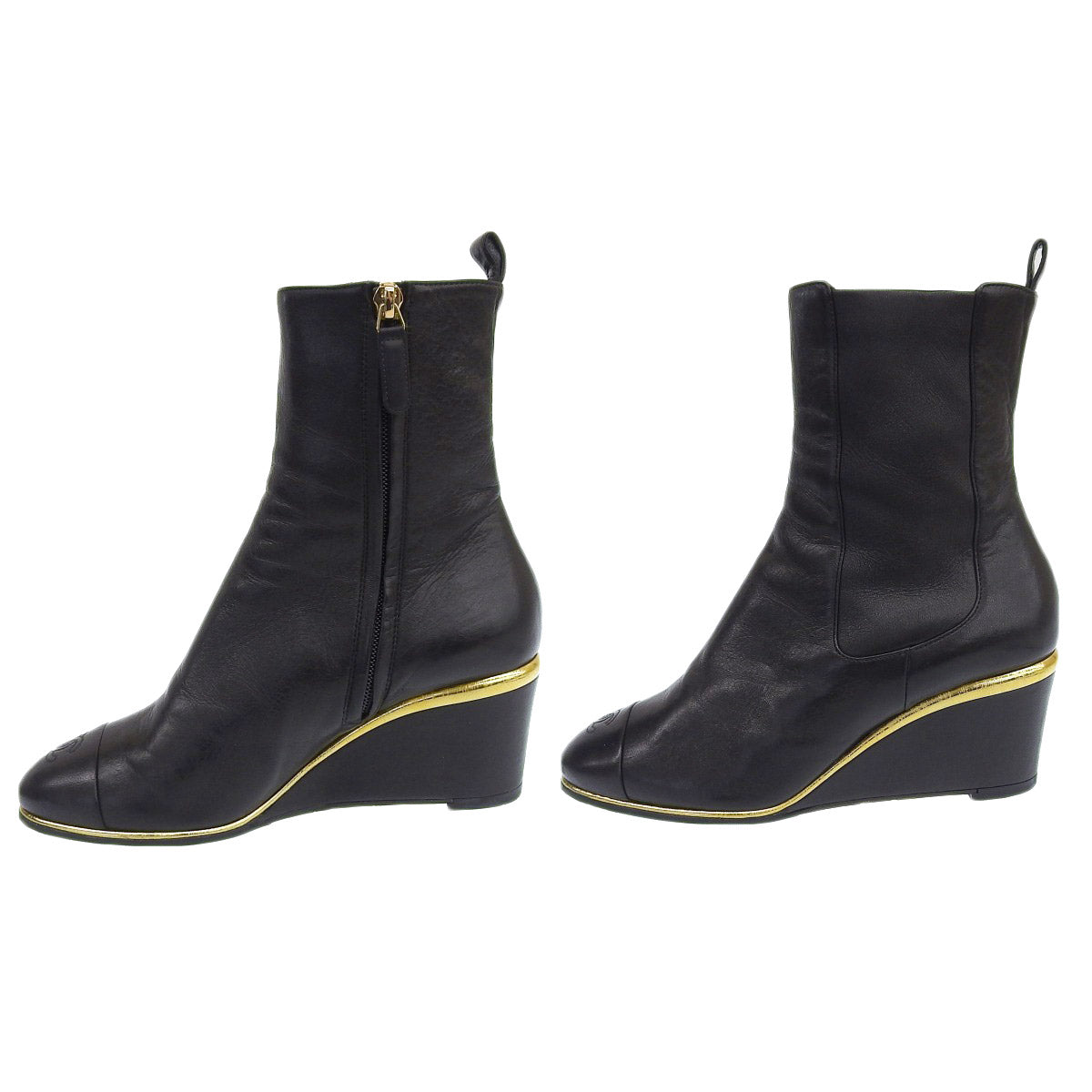 Chanel Leather Ankle Boots Black Gold