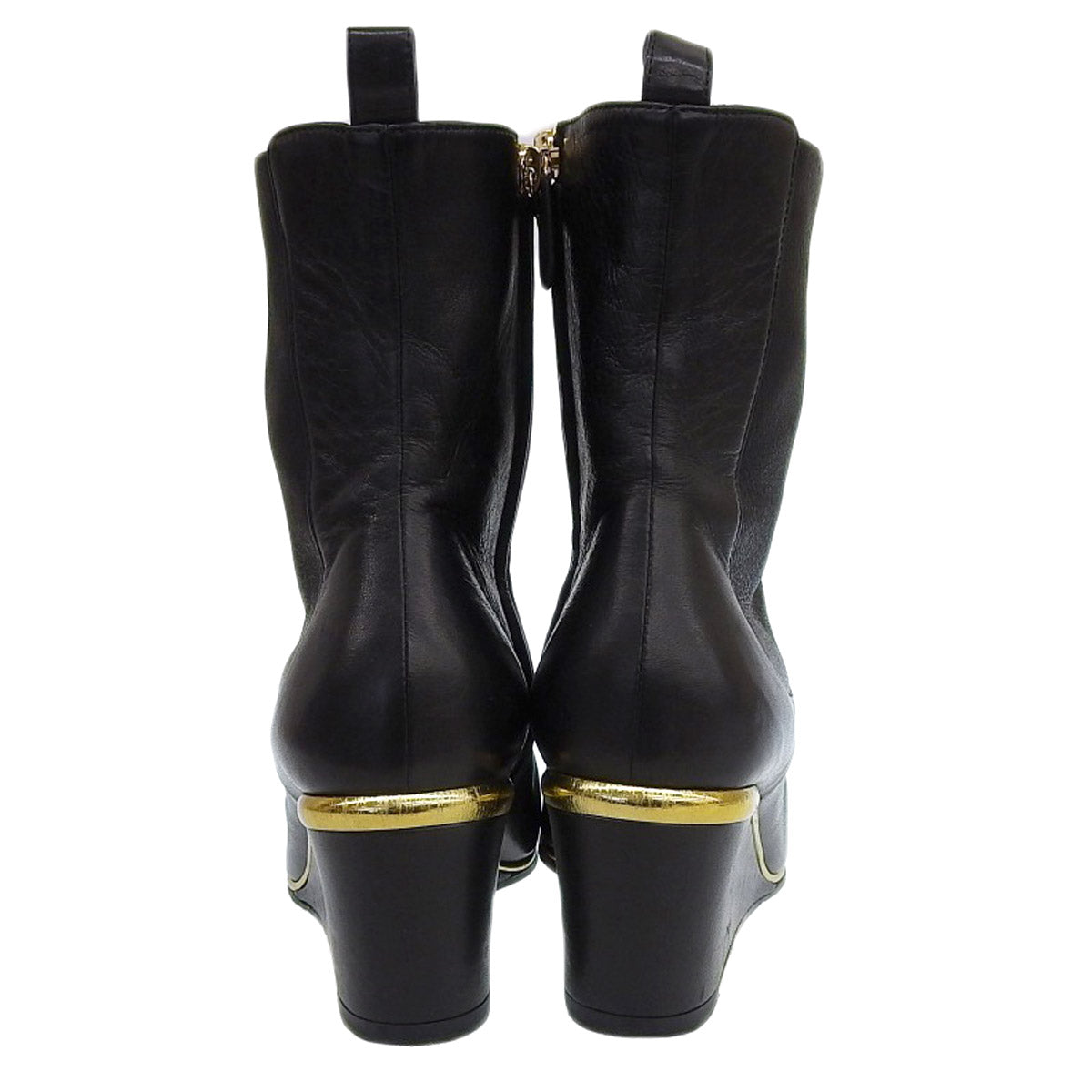 Chanel Leather Ankle Boots Black Gold