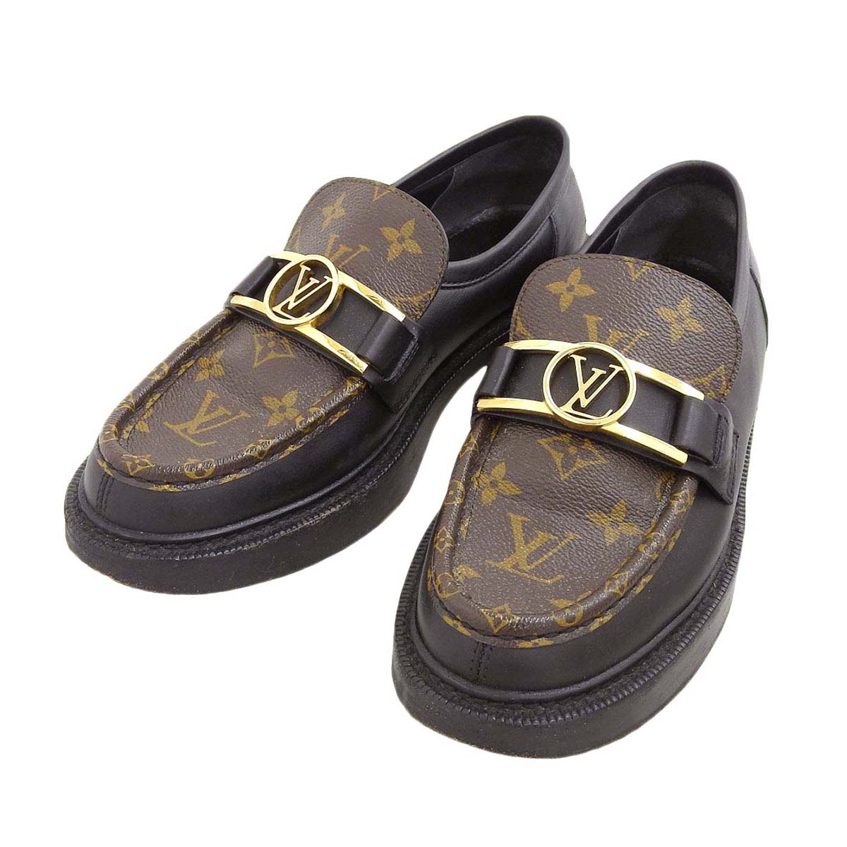 Louis Vuitton Leather Loafers Monogram Black Brown