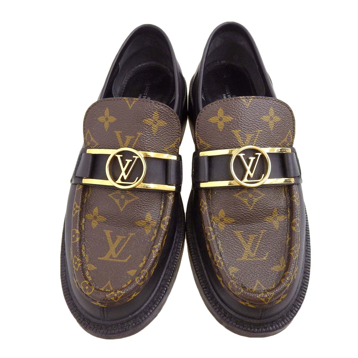 Louis Vuitton Leather Loafers Monogram Black Brown