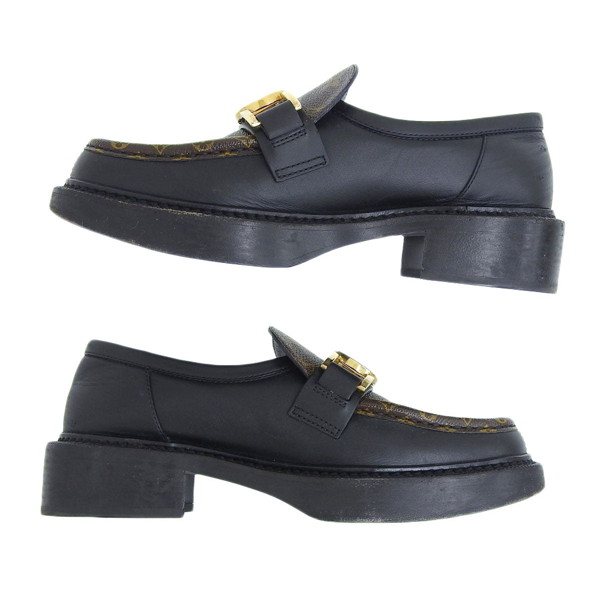 Louis Vuitton Leather Loafers Monogram Black Brown